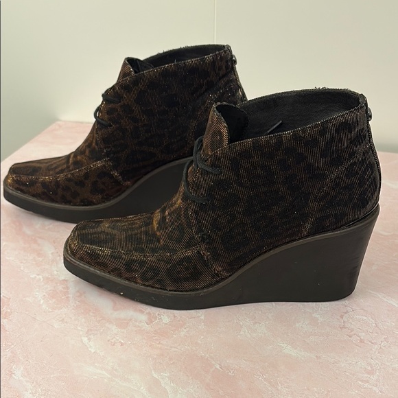 Pliner Dakota Cheetah Print. Black, Brown, Gold Metallic Wedge Booties